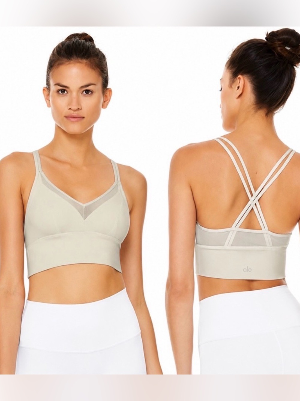 Alo Yoga Sneak Long Bra Bone Mesh Cross Back Sports Bra – Size Small